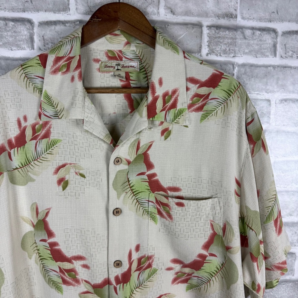 Tommy Bahama Mens XL Silk Camp Shirt Tropical Leaf Print Short Sleeve Cream